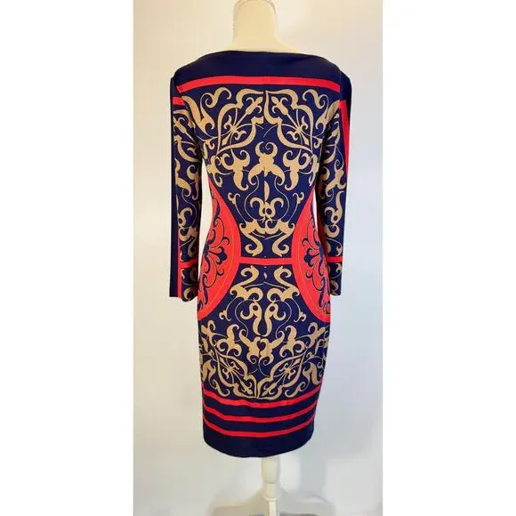 Cache Bodycon Sheath Dress Baroque Navy Red Women’s Medium Boat Neck Geometric - Picture 5 of 16